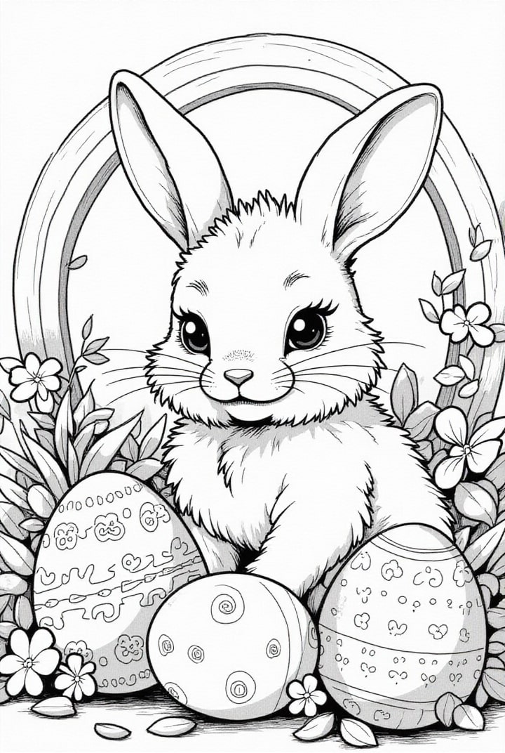 Coloriage lapin de pA¢ques dans le jardin avec des Aufs de pA¢ques